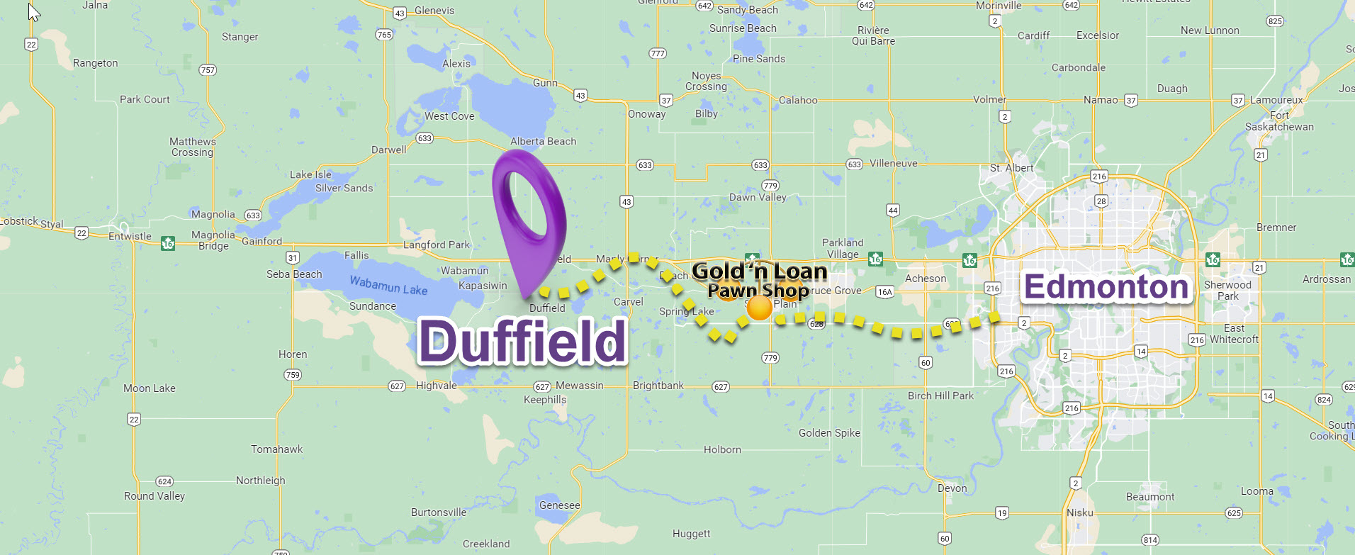 A map illustrating directions from Duffield to Gold'n Loan Pawn to Edmonton