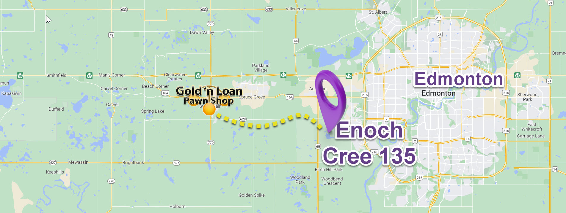 A map illustrating directions from Enoch Cree 135 to Gold'n Loan
